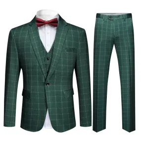 3-Piece Slim Fit Green Plaid Modern Suit