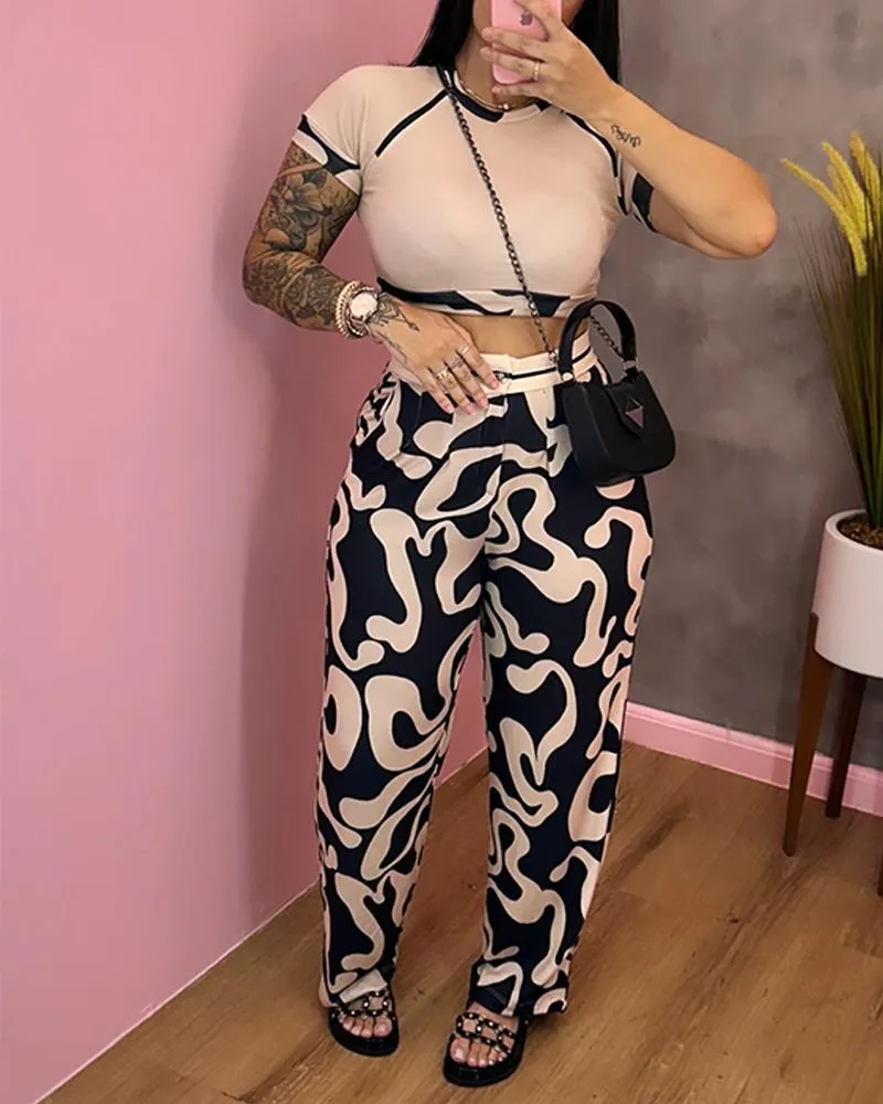 Abstract Print Crop Top & Pocket Design Pants Set