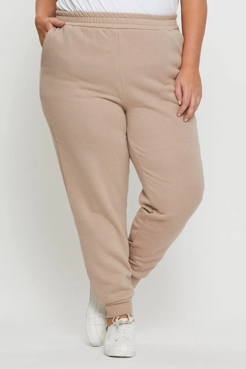 Beige Track Pants High Rise Elastic Waist