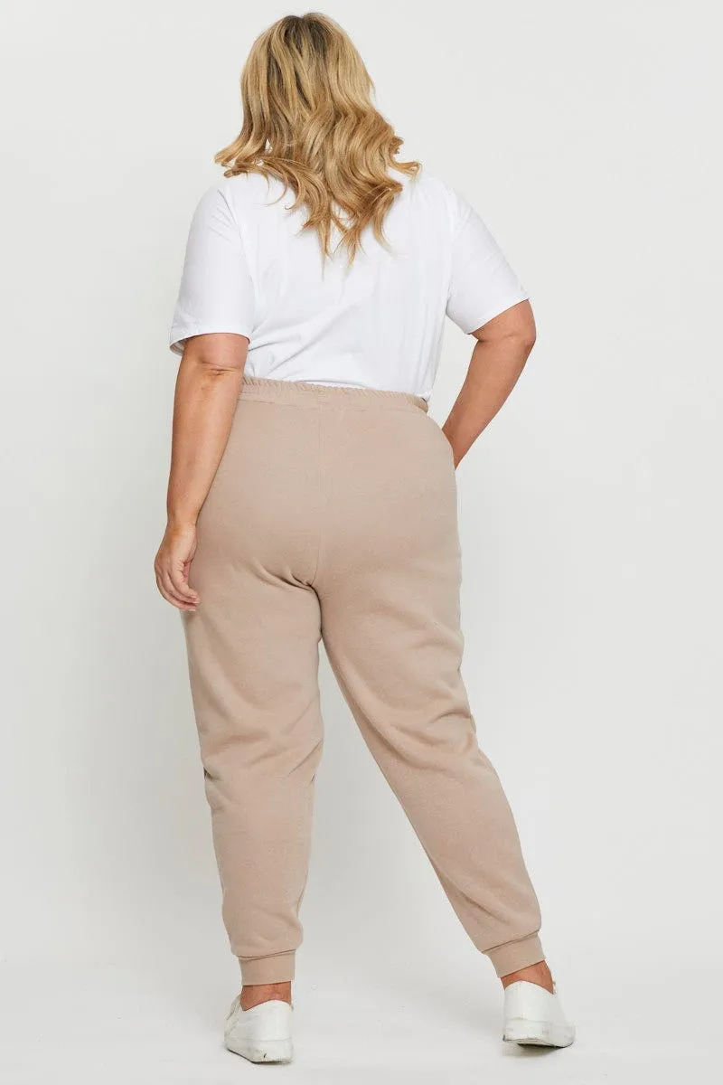 Beige Track Pants High Rise Elastic Waist