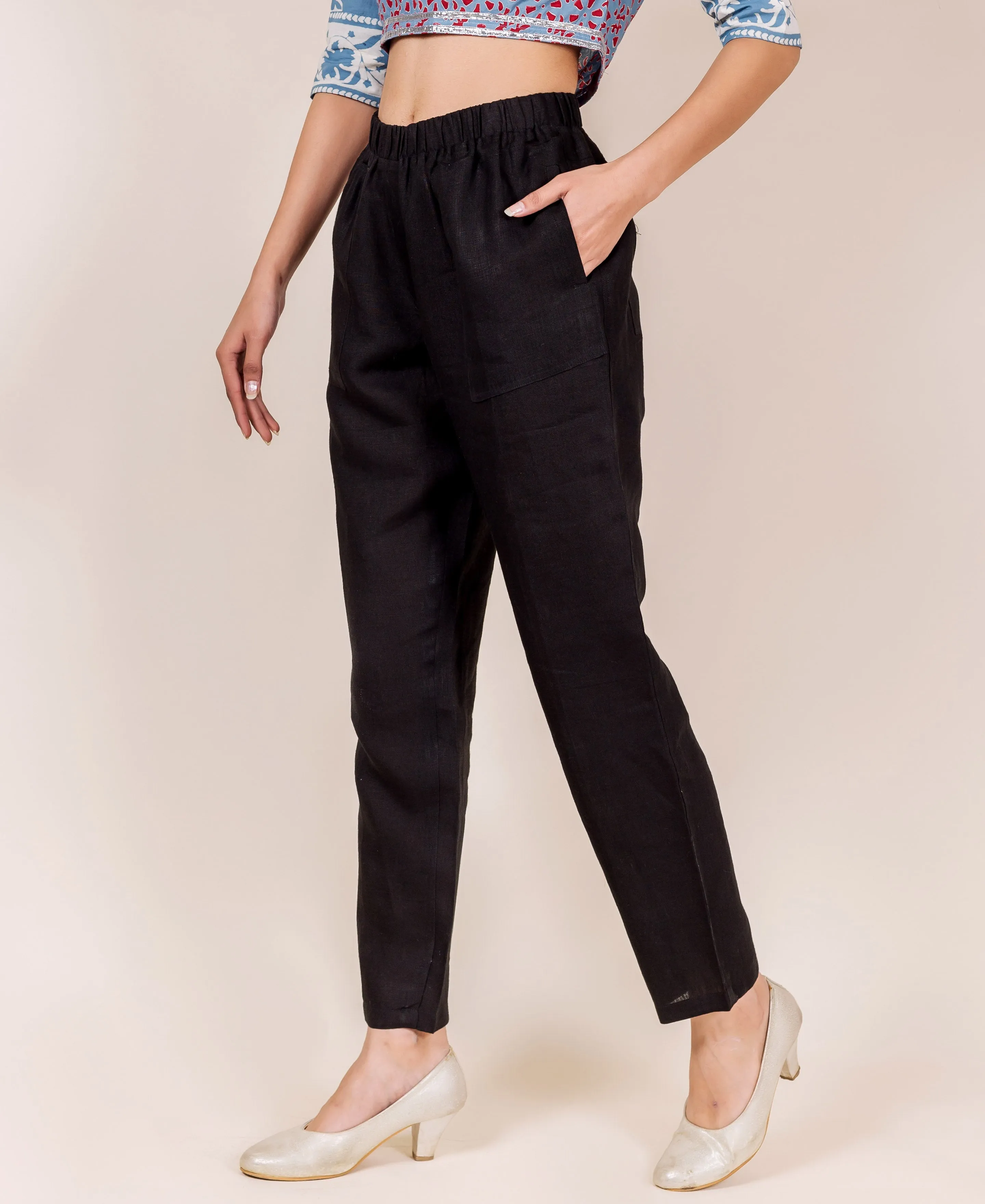 Black Linen Solid Pants