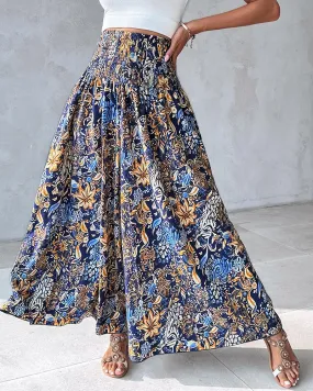 Boho Floral Print Shirred High Waist Wide Leg Pants