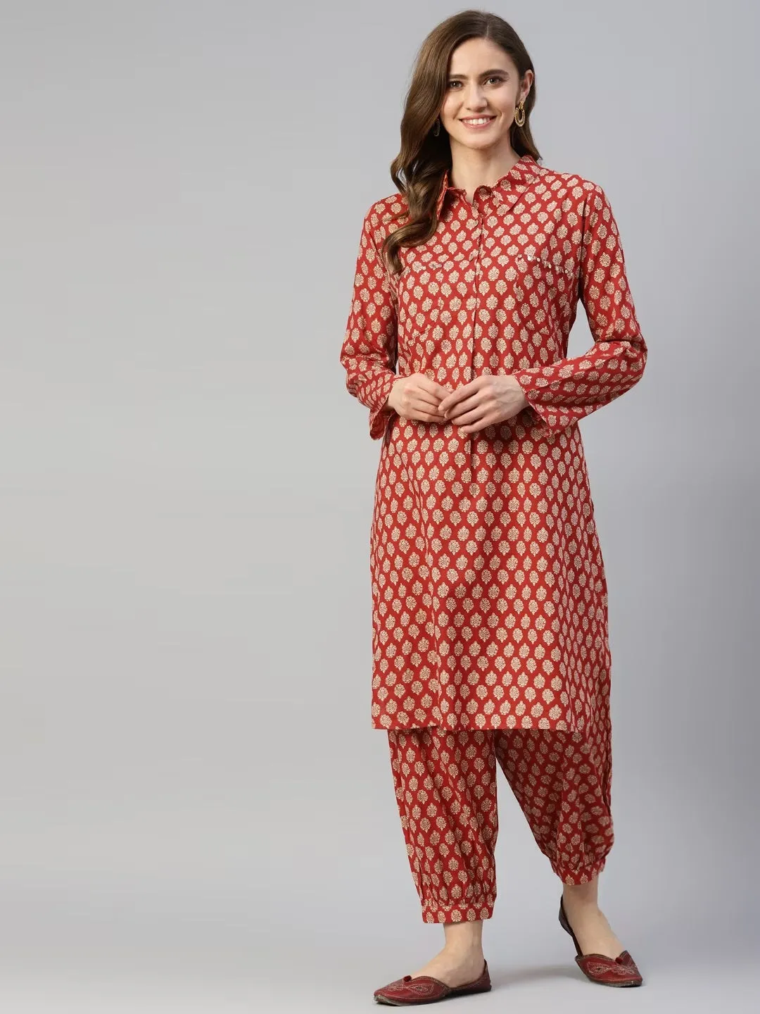 Divena Maroon Cotton Shirt Style Kurta Hem Cuffed Pant Co-ord Set