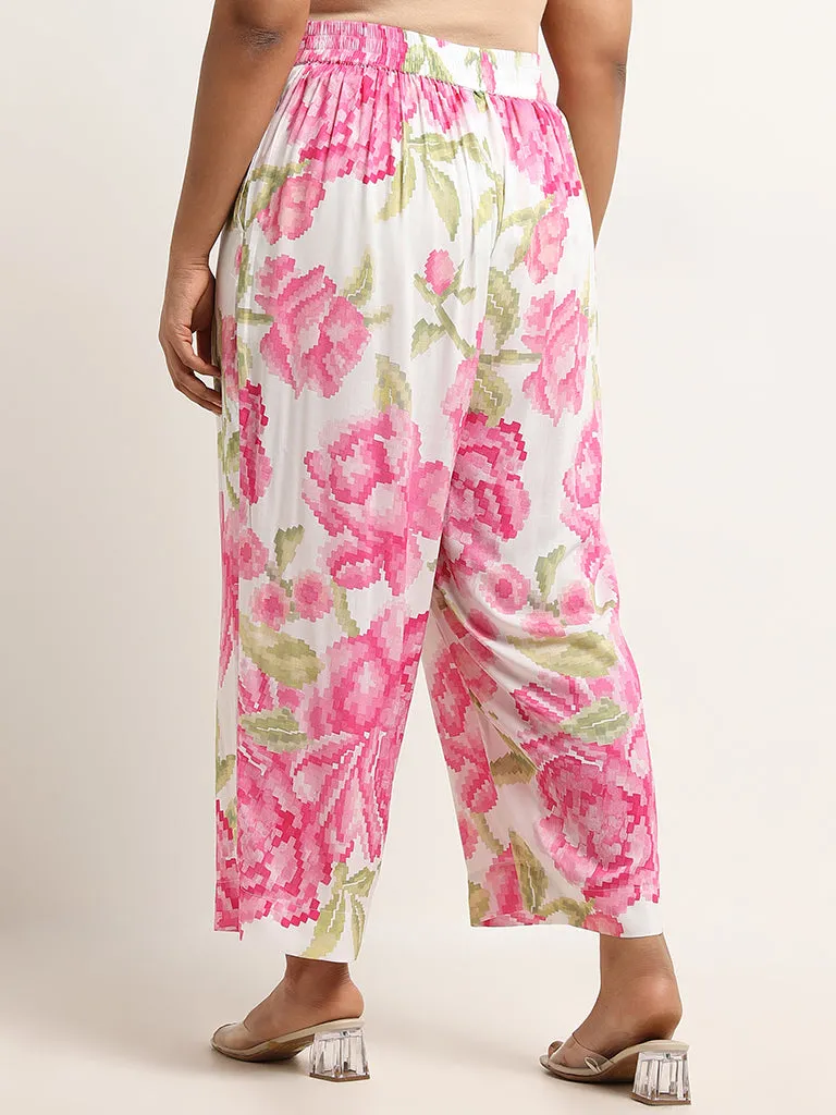 Diza Pink Mid-Rise Floral Print Straight Pants