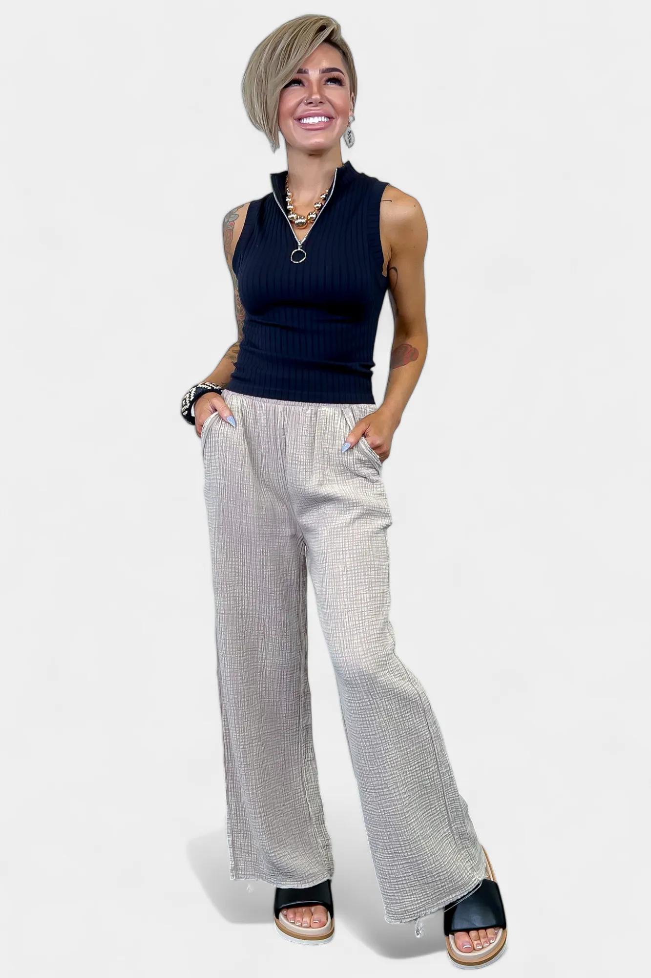 Gauze Elastic Waist Pants