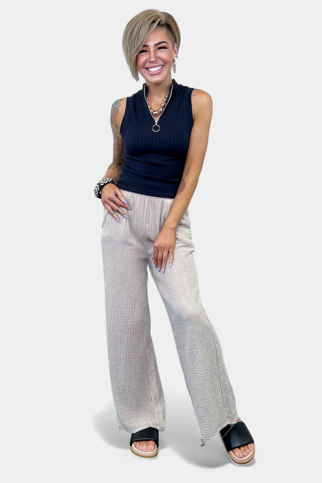 Gauze Elastic Waist Pants