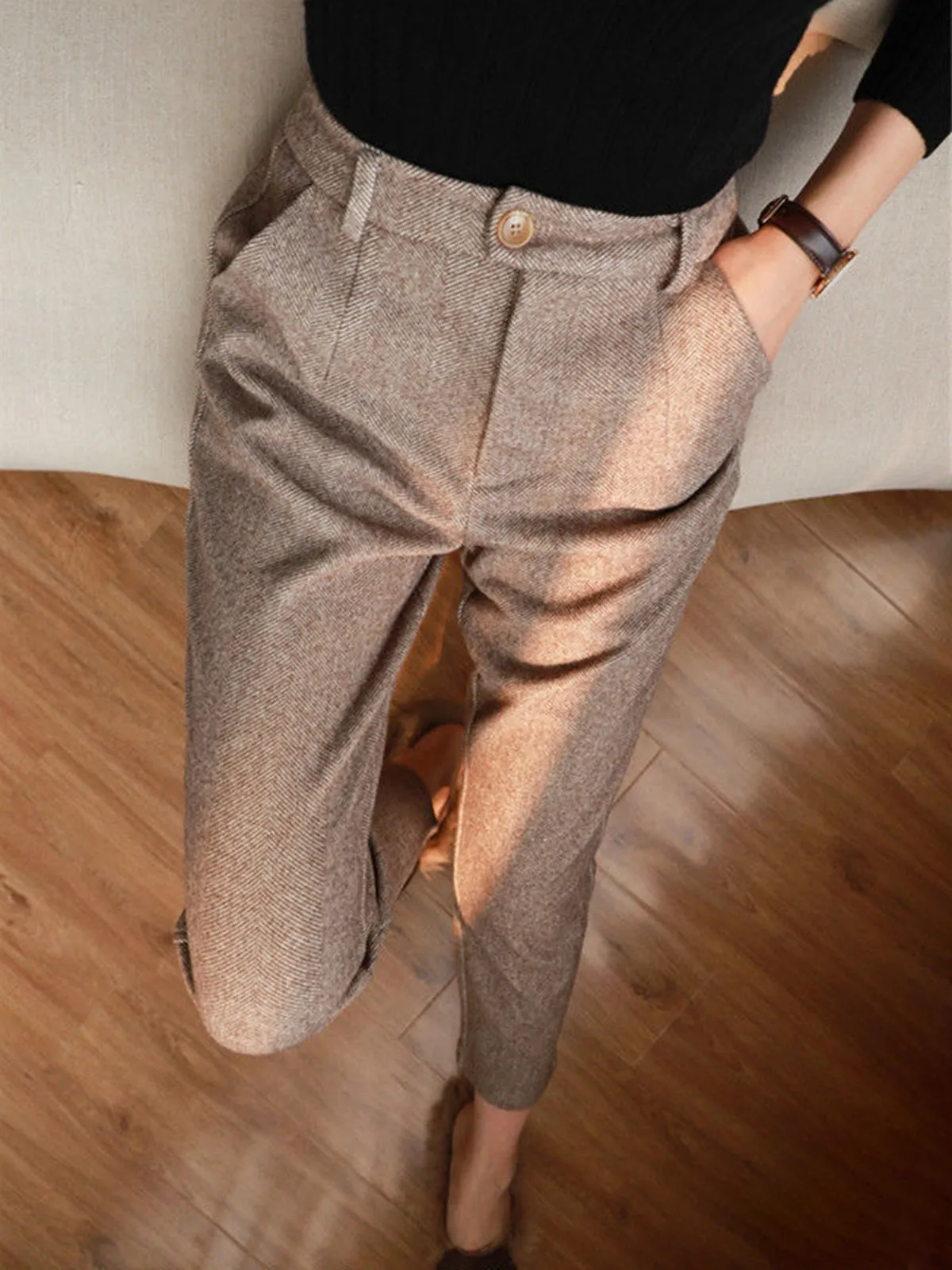 Elegant Herringbone Patterned Slim-Fit Pencil Pants