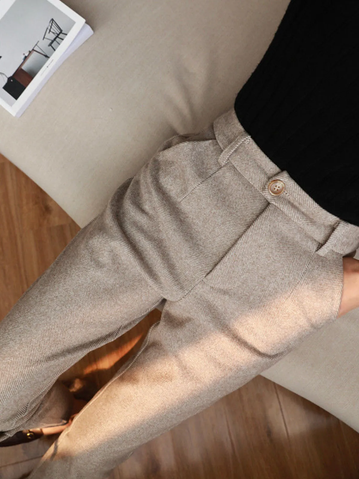 Elegant Herringbone Patterned Slim-Fit Pencil Pants