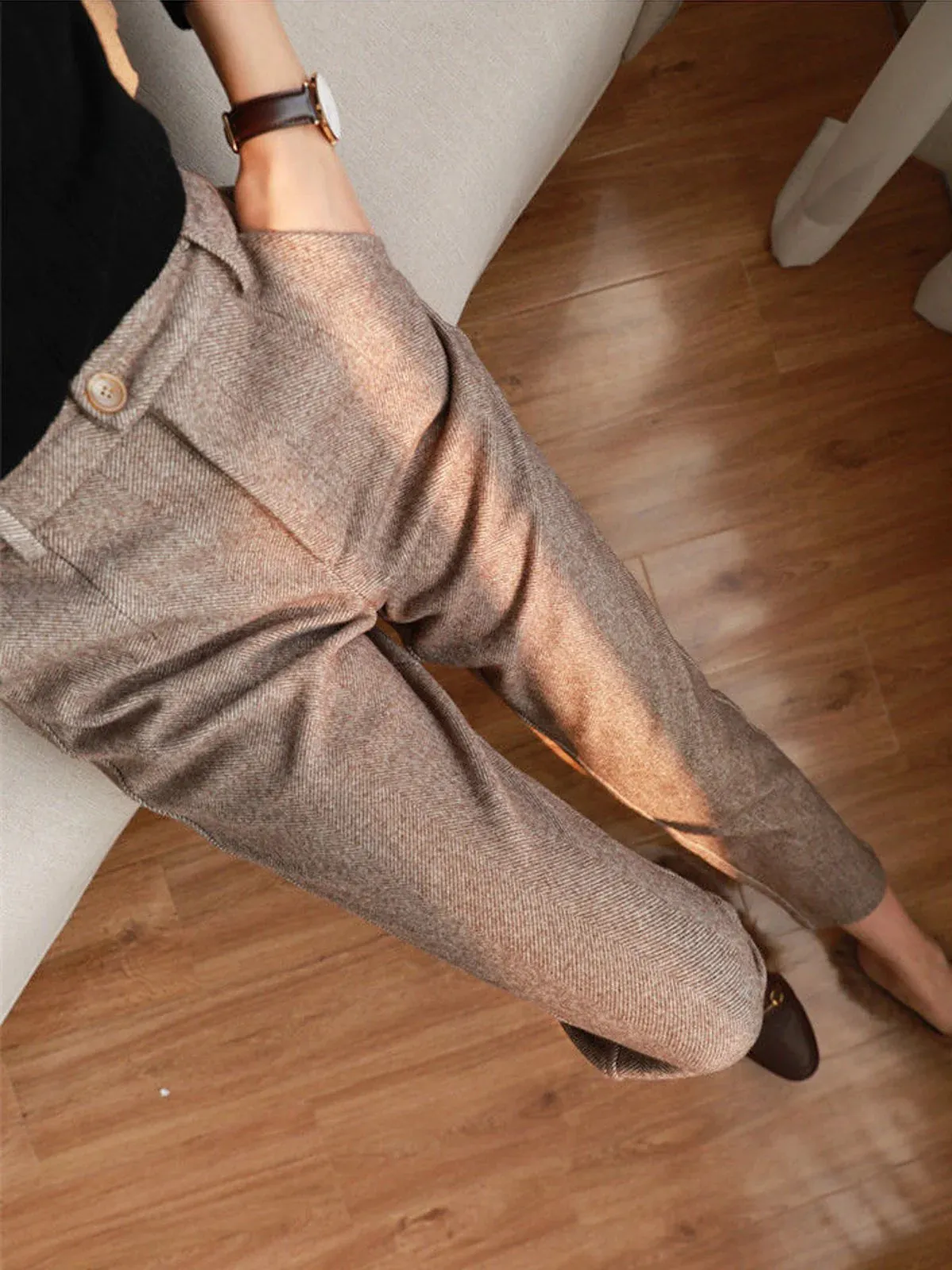 Elegant Herringbone Patterned Slim-Fit Pencil Pants