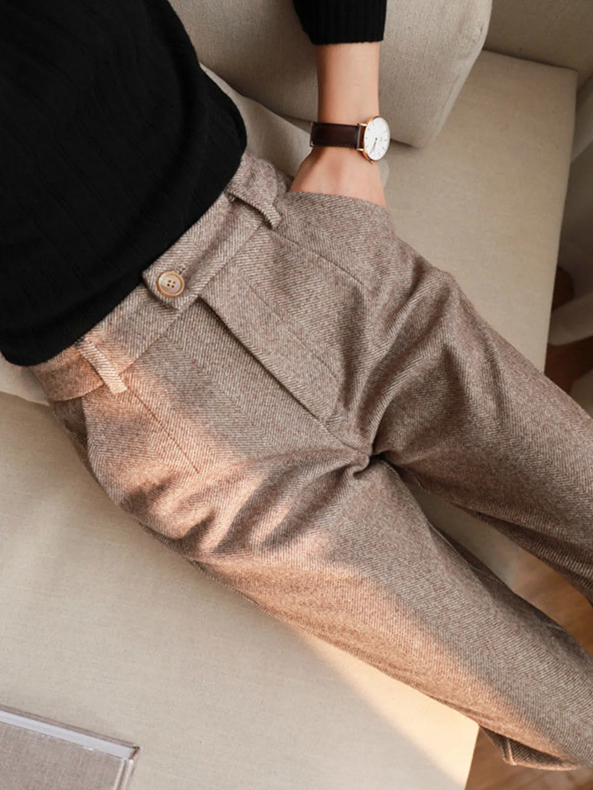 Elegant Herringbone Patterned Slim-Fit Pencil Pants