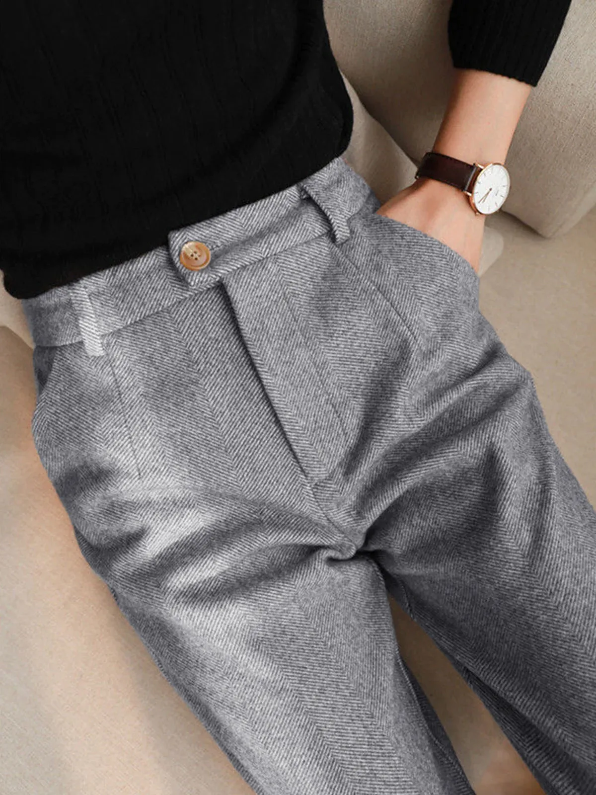 Elegant Herringbone Patterned Slim-Fit Pencil Pants