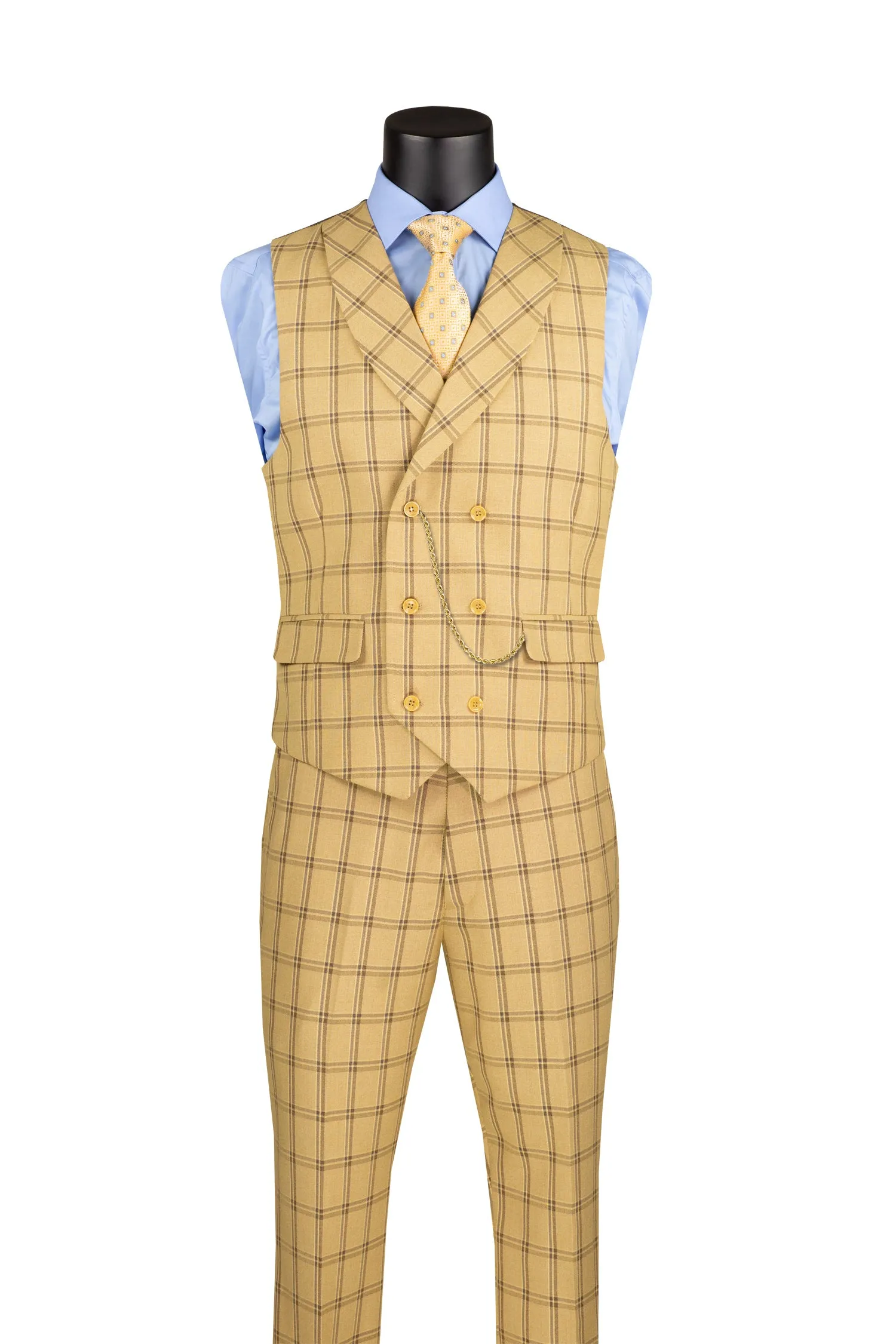 La Scale Collection-Windowpane Three Piece Suit - Tan