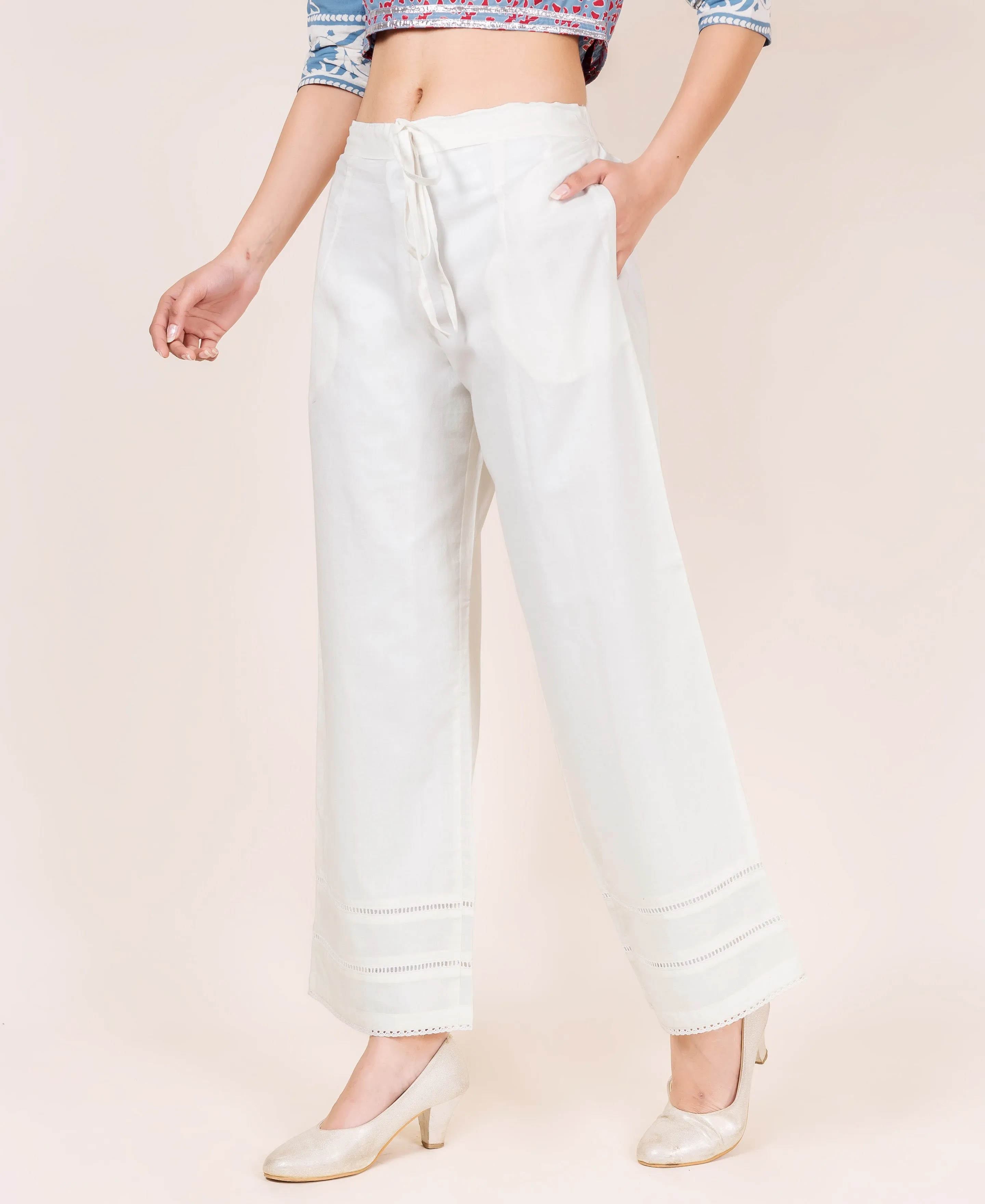 Lacy White Solid Palazzo Pants