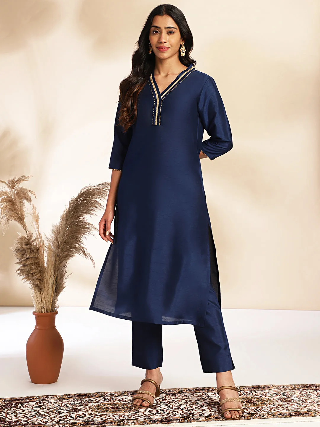 Navy Blue Crepe Silk Yoke Design Regular Kurta Set