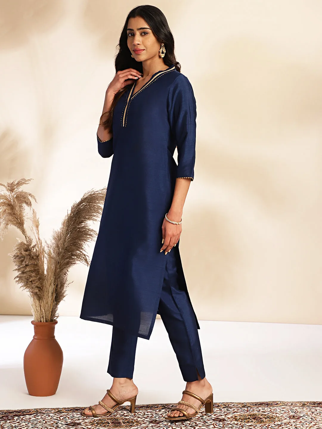 Navy Blue Crepe Silk Yoke Design Regular Kurta Set