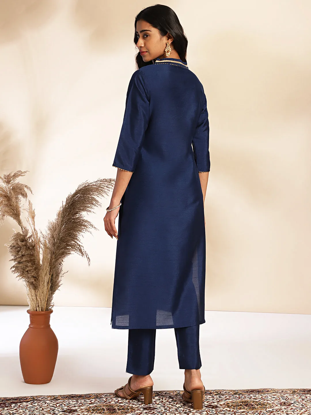 Navy Blue Crepe Silk Yoke Design Regular Kurta Set