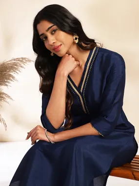 Navy Blue Crepe Silk Yoke Design Regular Kurta Set