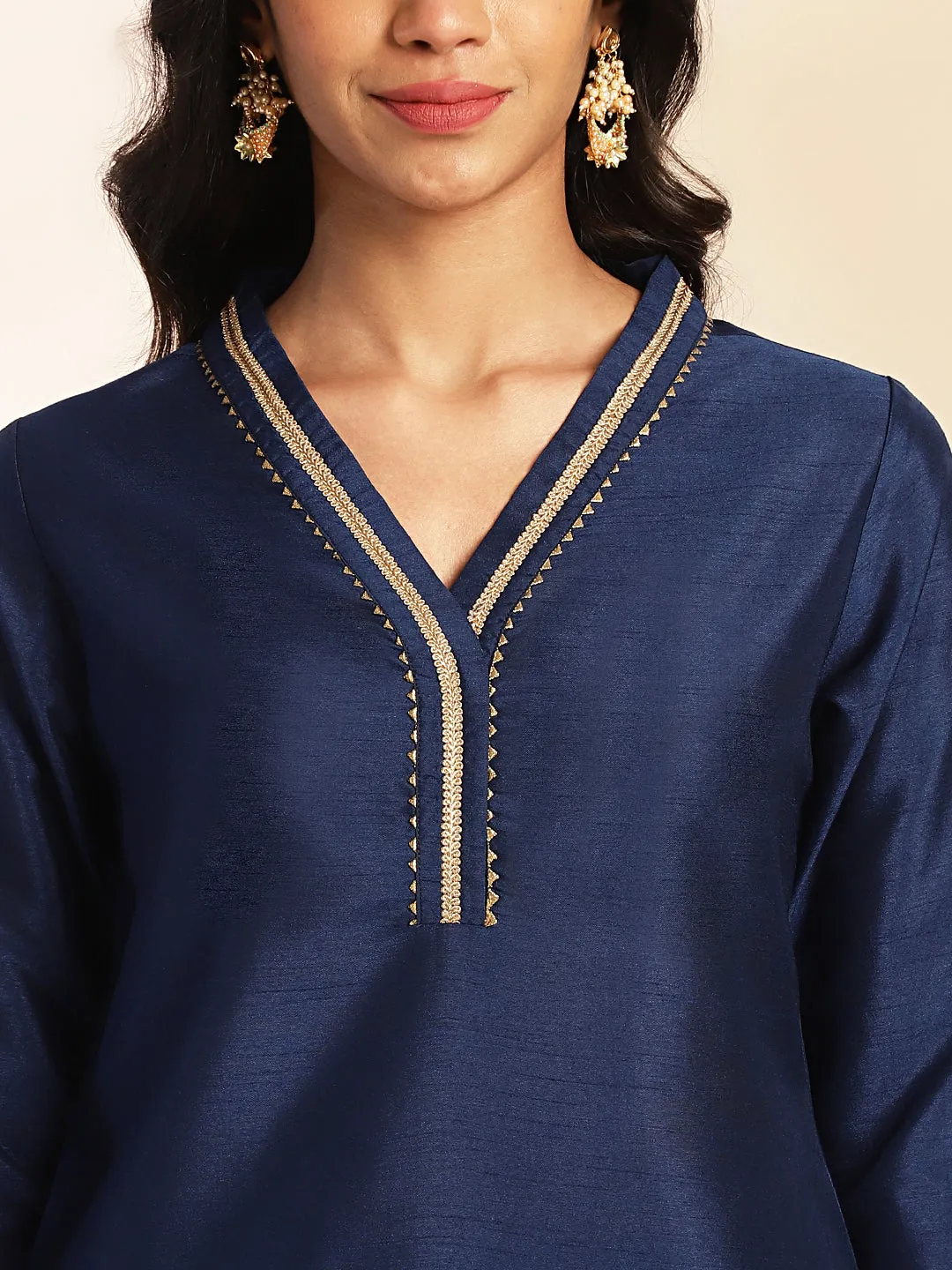 Navy Blue Crepe Silk Yoke Design Regular Kurta Set