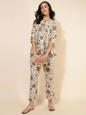 Off White Cotton Floral Pleated Co-Ord Set