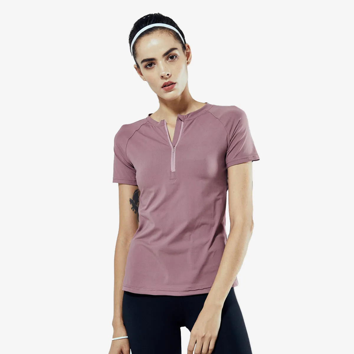 SALE - SORA Mix Net Fabric Front Zip Short Sleeve Shirt