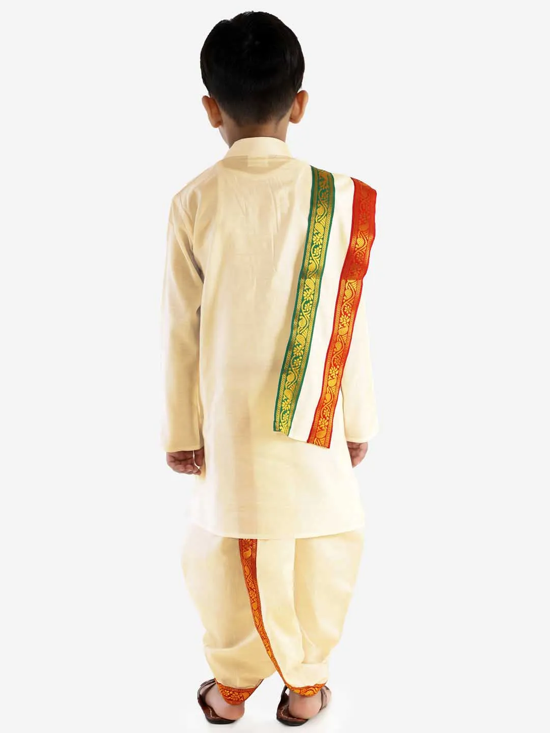 VASTRAMAY Boy's Cream Cotton Kurta Dhoti and Dupatta Set