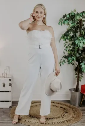 White Feather Trim Jumpsuit