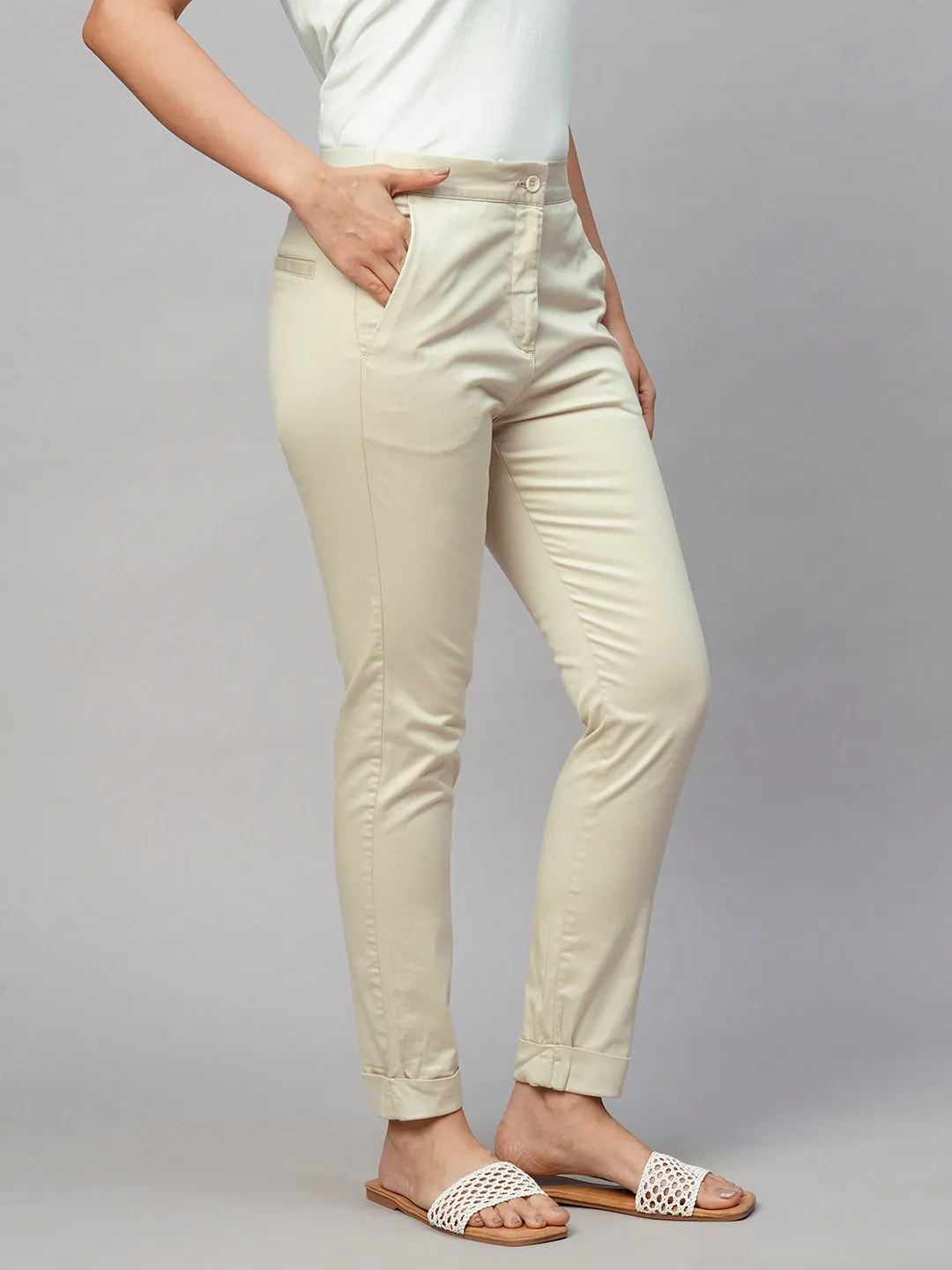 Women's Beige Cotton Lycra Slim Fit Pant