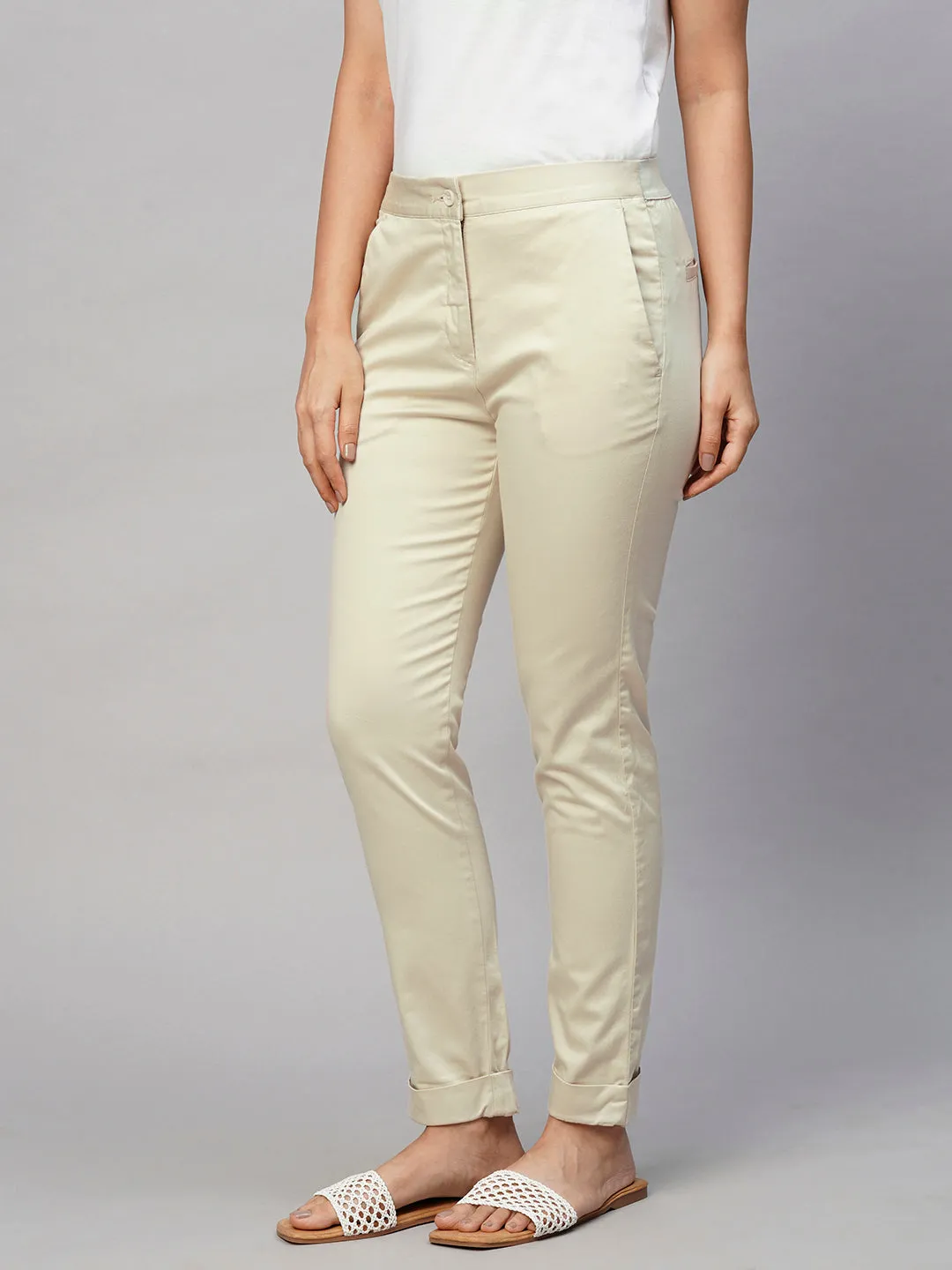 Women's Beige Cotton Lycra Slim Fit Pant