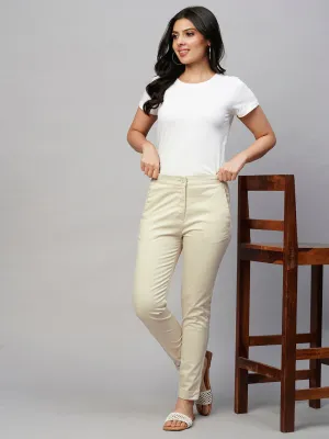 Women's Beige Cotton Lycra Slim Fit Pant