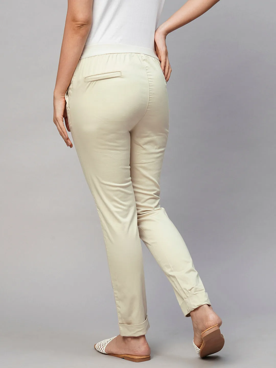 Women's Beige Cotton Lycra Slim Fit Pant