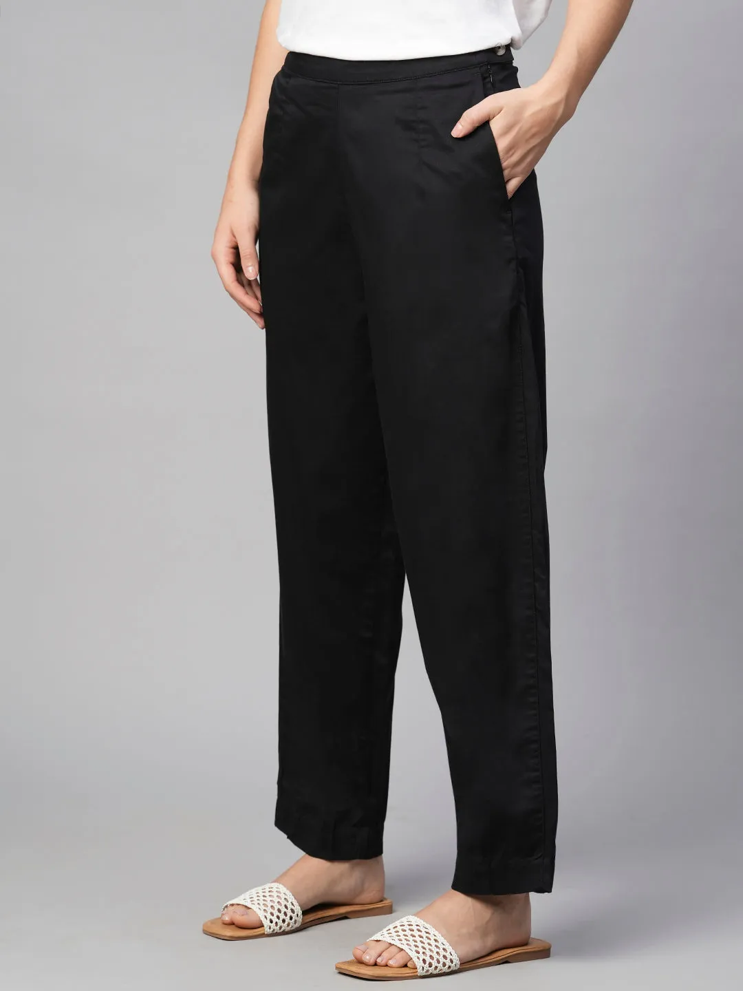 Women's Black Cotton Elastane Regular Fit Pant