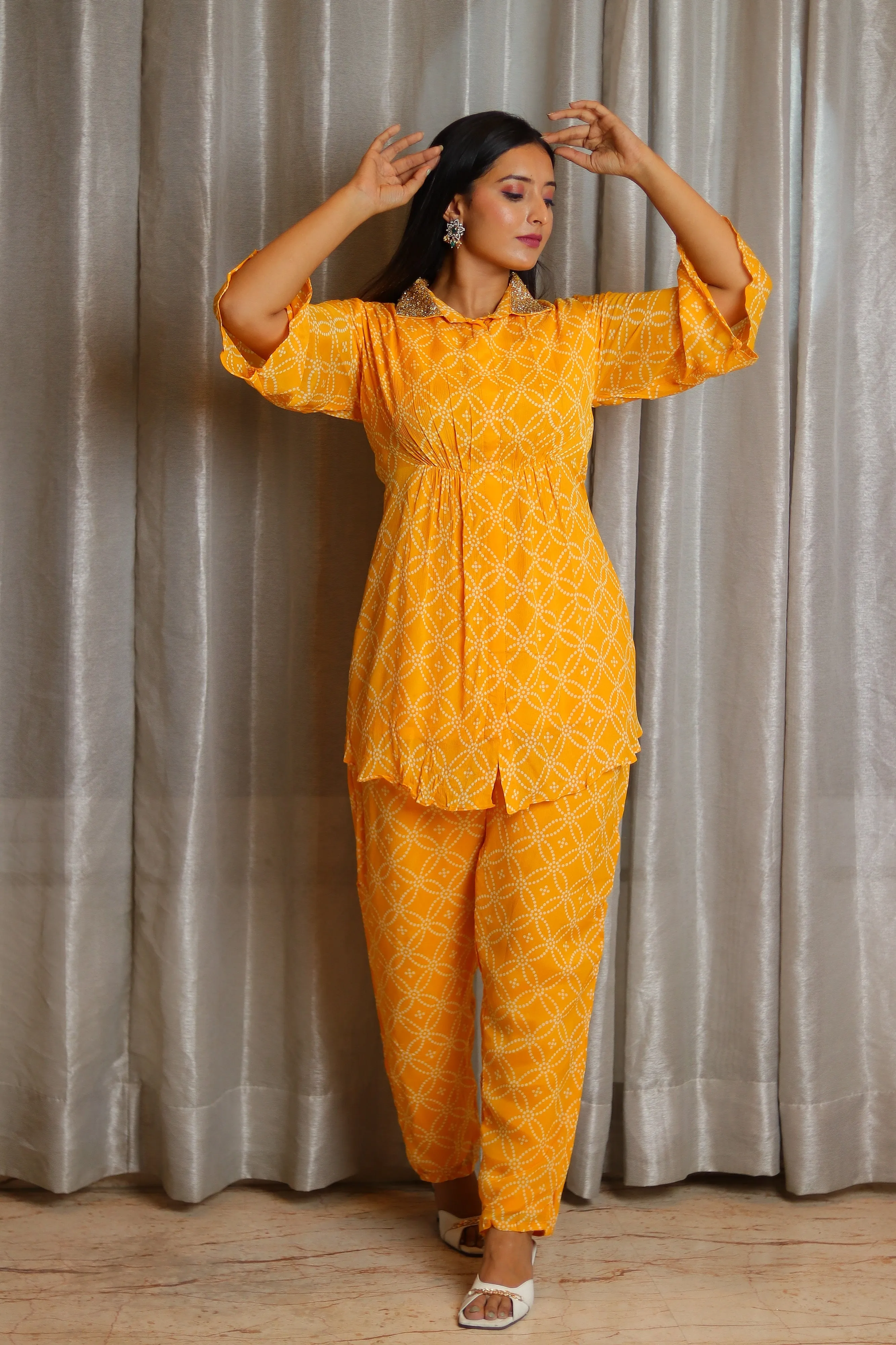 Yellow Chinnon Printed and Hand-Embroidered Collared Top with Chinnon Pants.