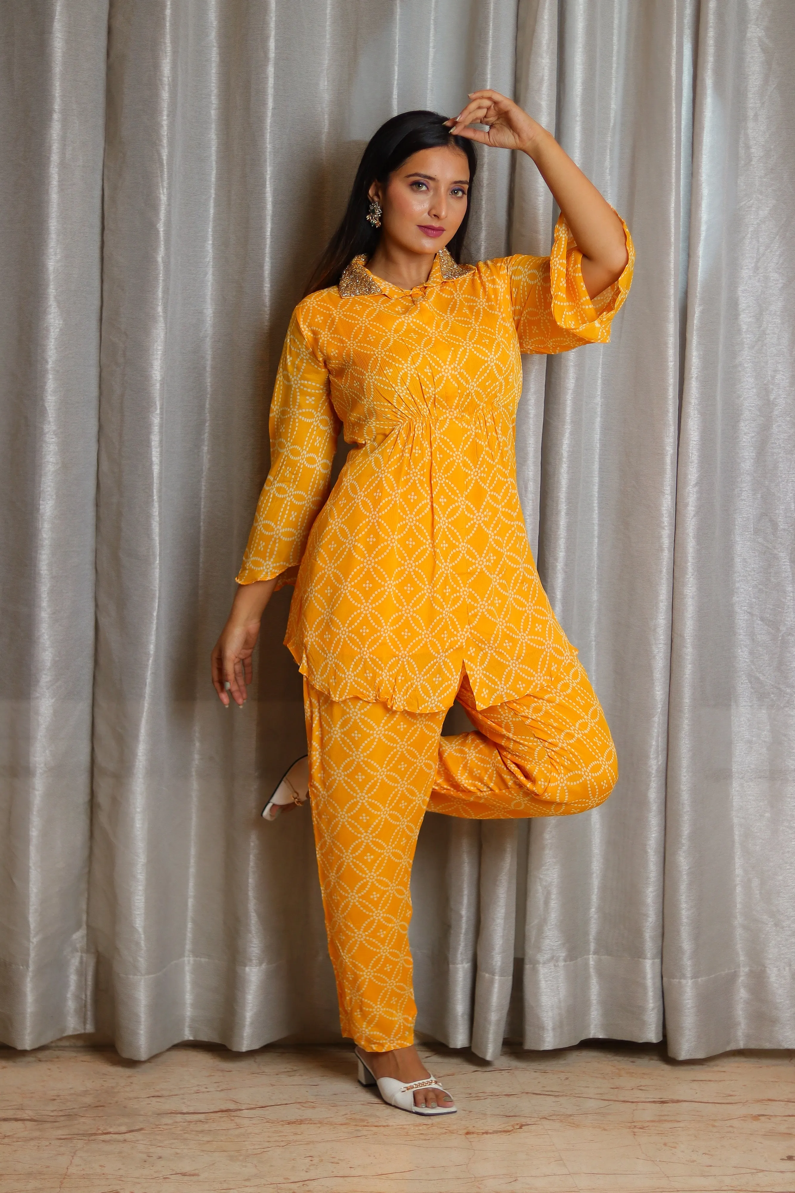 Yellow Chinnon Printed and Hand-Embroidered Collared Top with Chinnon Pants.